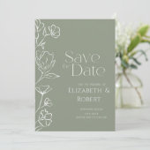 Weiße Blumen Salbeigrün Save The Date Karte (Stehend Vorderseite)