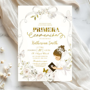 Weiße Blumen-Schleife Coquette Primera Kommunion Einladung