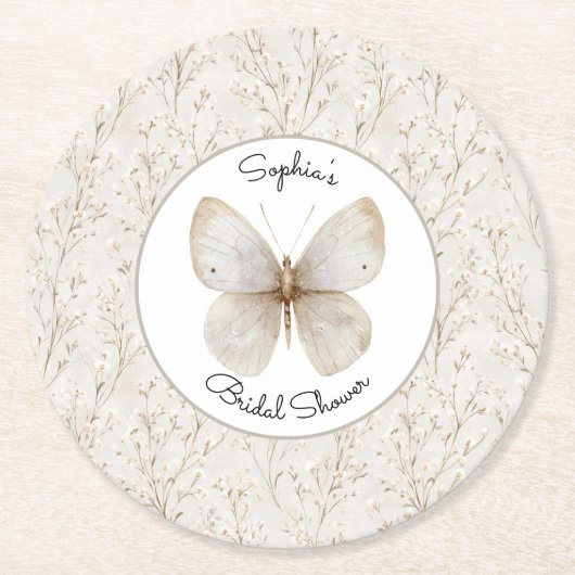 Weiße Blumen-Schmetterling-Braut Hochzeitsshower   Runder Pappuntersetzer (Vorderseite)