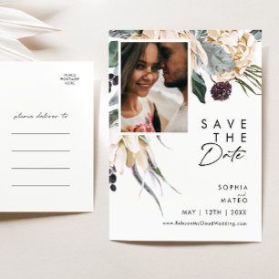 Weiße Blumen Schrift Foto Save The Date Postkarte