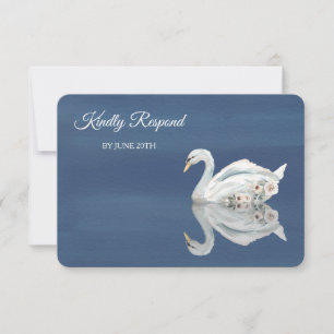 Weiße Blumen-Schwan auf Blau-Menü-Hochzeits-Antwor RSVP Karte