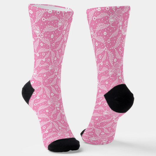 Weiße Blumen-Spitze auf rosa Hintergrund Socken (Gewinkelt)