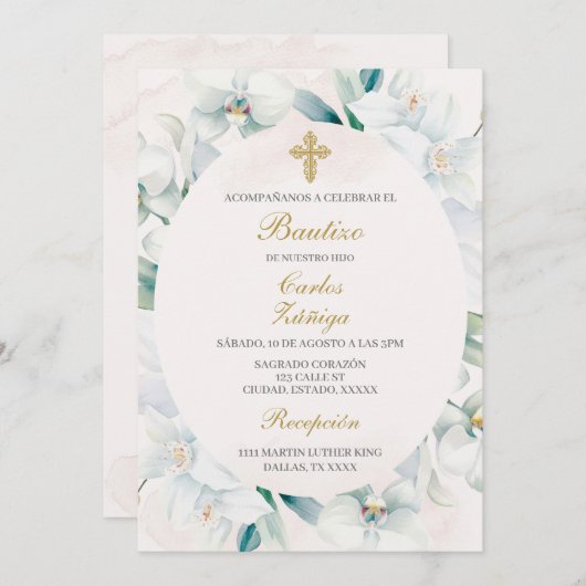 Weiße Blumen-Taufe für Junge Einladung (Vorne/Hinten)