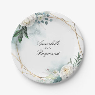 Weiße Blumen und Aquarell-Grün Elegant Pappteller