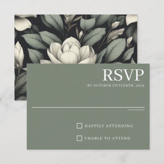 Weiße Blumen und Grün RSVP Karte (Vorne/Hinten)