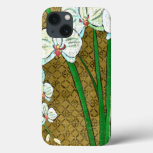 Weiße Blumen und grüne Stämme auf Brown-Grenze Case-Mate iPhone Hülle