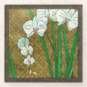 Weiße Blumen und grüne Stämme auf Brown-Grenze Glasuntersetzer