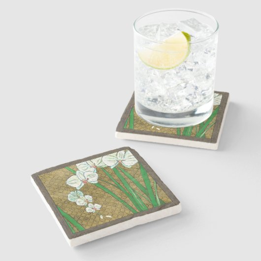 Weiße Blumen und grüne Stämme auf Brown-Grenze Steinuntersetzer (Seitenansicht)