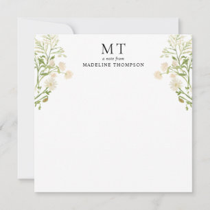 Weiße Blumen-Wildblumen-Klassisches Monogramm Quad Mitteilungskarte