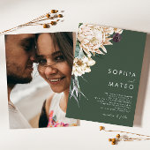 Weiße Blumenblume, dunkelgrünes Foto Hochzeit Einladung