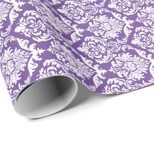 Weiße BlumenDamasken 2 Lila Hintergrund Geschenkpapier (Rolleneckpunkt)
