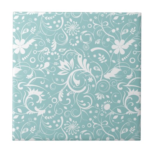 Weiße BlumenDamasken über Aquamarin-blauem Hinterg Fliese (Vorderseite)