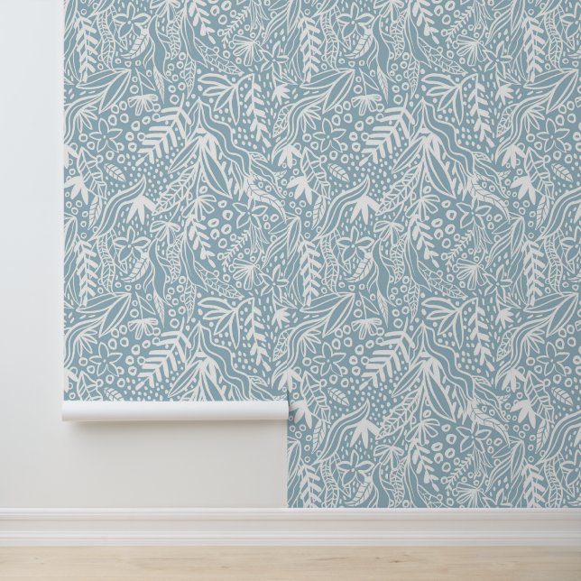 Weiße Blumenfolien auf blauem Design Tapete (Anwendung)