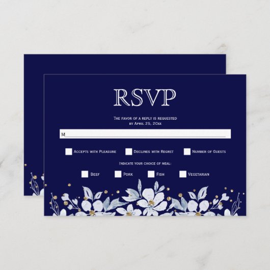 Weiße Blumengarten und Juwelen blauer Hochzeit RSVP Karte (Vorne/Hinten)