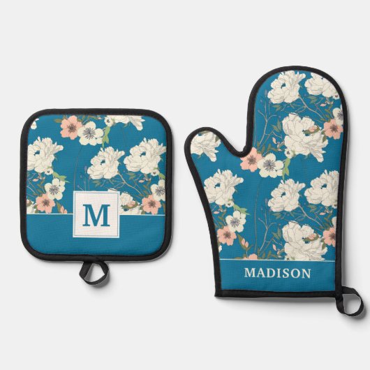 Weiße Blumengartenmuster Ofenhandschuh & Topflappen-Set (Vorderseite)