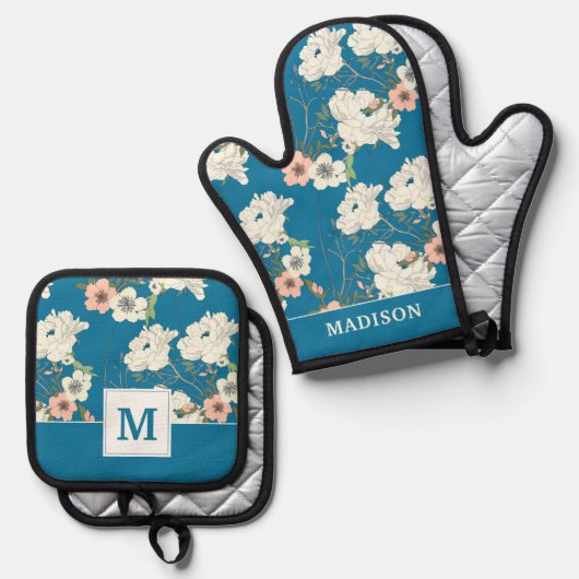 Weiße Blumengartenmuster Ofenhandschuh & Topflappen-Set (Vorderseite/Rückseite)