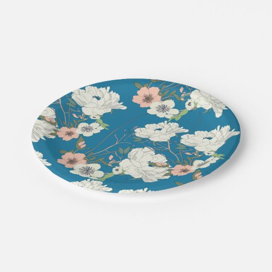 Weiße Blumengartenmuster Pappteller (Schrägansicht)