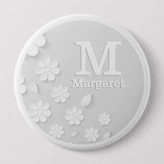 Weiße, blumengeprägte Namensinitialen personalisie Button (Vorderseite)