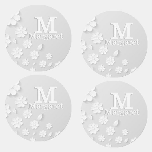 Weiße, blumengeprägte Namensinitialen personalisie Etiketten (Gruppe)