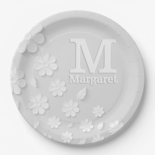 Weiße, blumengeprägte Namensinitialen personalisie Pappteller (Vorderseite)