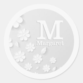 Weiße, blumengeprägte Namensinitialen personalisie Runder Aufkleber