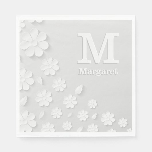 Weiße, blumengeprägte Namensinitialen personalisie Serviette (Vorderseite)