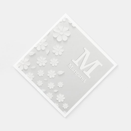 Weiße, blumengeprägte Namensinitialen personalisie Serviette (Ecke)