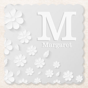 Weiße, blumengeprägte Namensinitialen personalisie Untersetzer