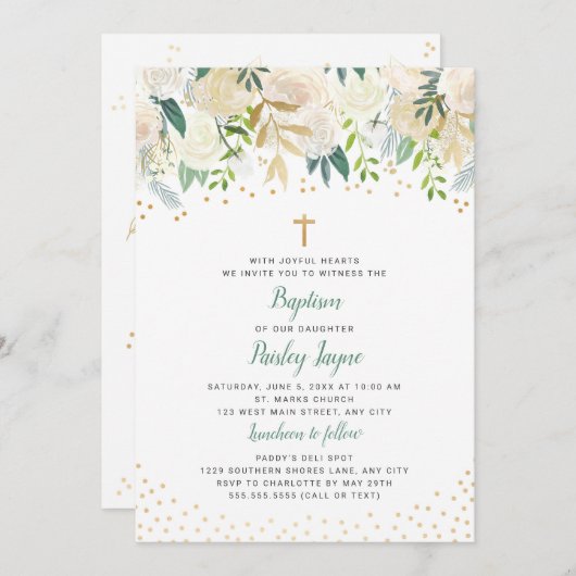 Weiße Blumengoldconfetti-Taufeeinladung Einladung (Vorne/Hinten)
