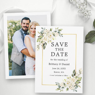 Weiße Blumengrün Aquarell Gold Foto Save The Date