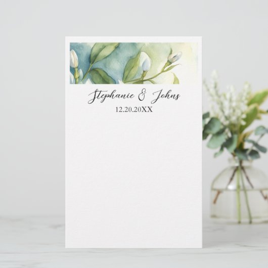 Weiße Blumengrün Blätter Elegante Rustikale Hochze Briefpapier (Stehend Vorderseite)