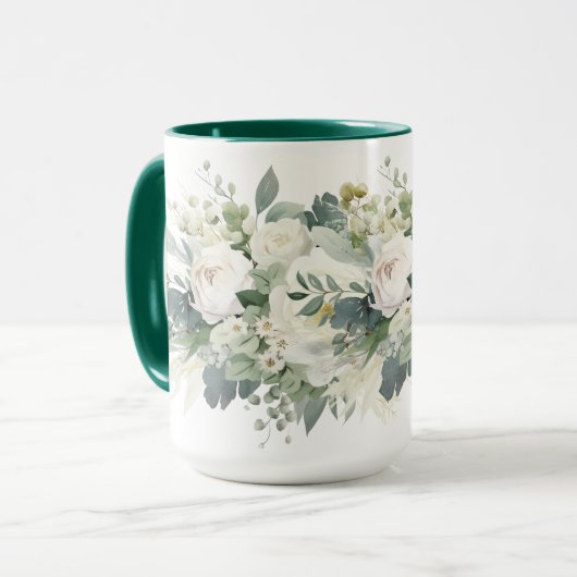 Weiße Blumengrün Botanische Wasserfarbe Tasse (Vorderseite Links)