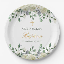 Weiße Blumengrün Einfache moderne Taufe Pappteller