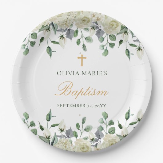 Weiße Blumengrün Einfache moderne Taufe Pappteller (Vorderseite)