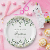 Weiße Blumengrün Einfache moderne Taufe Pappteller (Party)