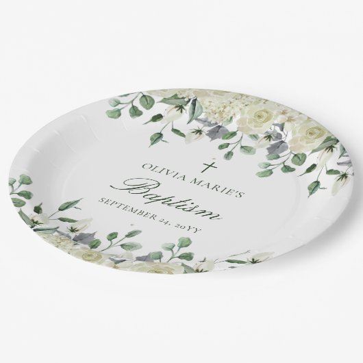 Weiße Blumengrün Einfache moderne Taufe Pappteller (Schrägansicht)