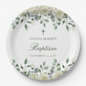 Weiße Blumengrün Einfache moderne Taufe Pappteller (Vorderseite)