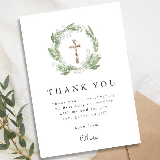 Weiße Blumengrün Erste Kommunion Dankeskarte
