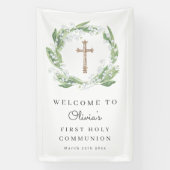 Weiße Blumengrün Erste Kommunion Willkommen Banner (Vertikal)