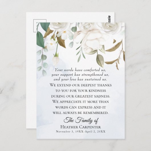 Weiße Blumengrün Gedeckte Beerdigung Danke Postkarte (Vorne/Hinten)