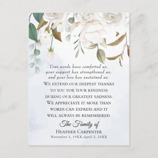 Weiße Blumengrün Gedeckte Beerdigung Danke Postkarte (Vorderseite)
