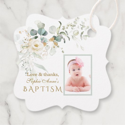 Weiße Blumengrün Girl Foto Taufe Geschenkanhänger (Rückseite)