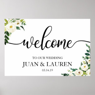 Weiße Blumengrün Hochzeit Begrüßungszeichen Plakat