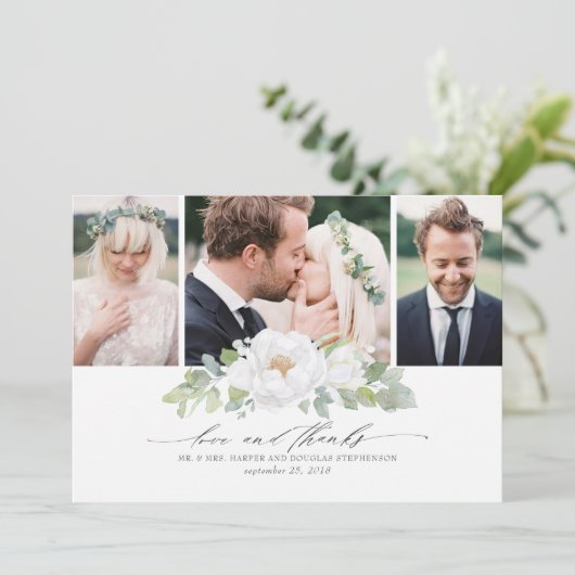 Weiße Blumengrün Hochzeit Danke Foto (Stehend Vorderseite)