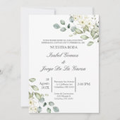 Weiße Blumengrün Hochzeit einladen in Spanisch Einladung (Vorderseite)