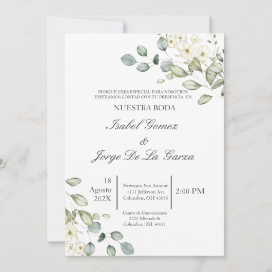 Weiße Blumengrün Hochzeit einladen in Spanisch Einladung (Vorderseite)