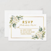 Weiße Blumengrün Hochzeit Gold RSVP Karte (Vorne/Hinten)