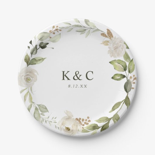 Weiße Blumengrün Hochzeitsstift Brautparty Pappteller (Vorderseite)