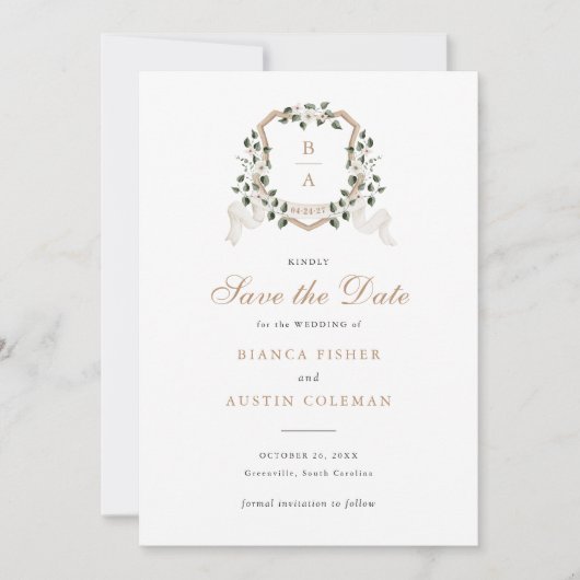 Weiße Blumengrün Ivy Wappen Hochzeit Rett Datum Einladung (Vorderseite)