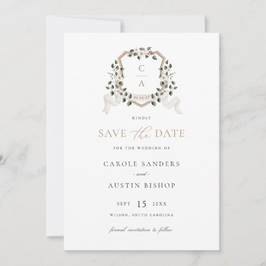 Weiße Blumengrün Ivy Wappen Hochzeit Rett Datum Einladung (Vorderseite)